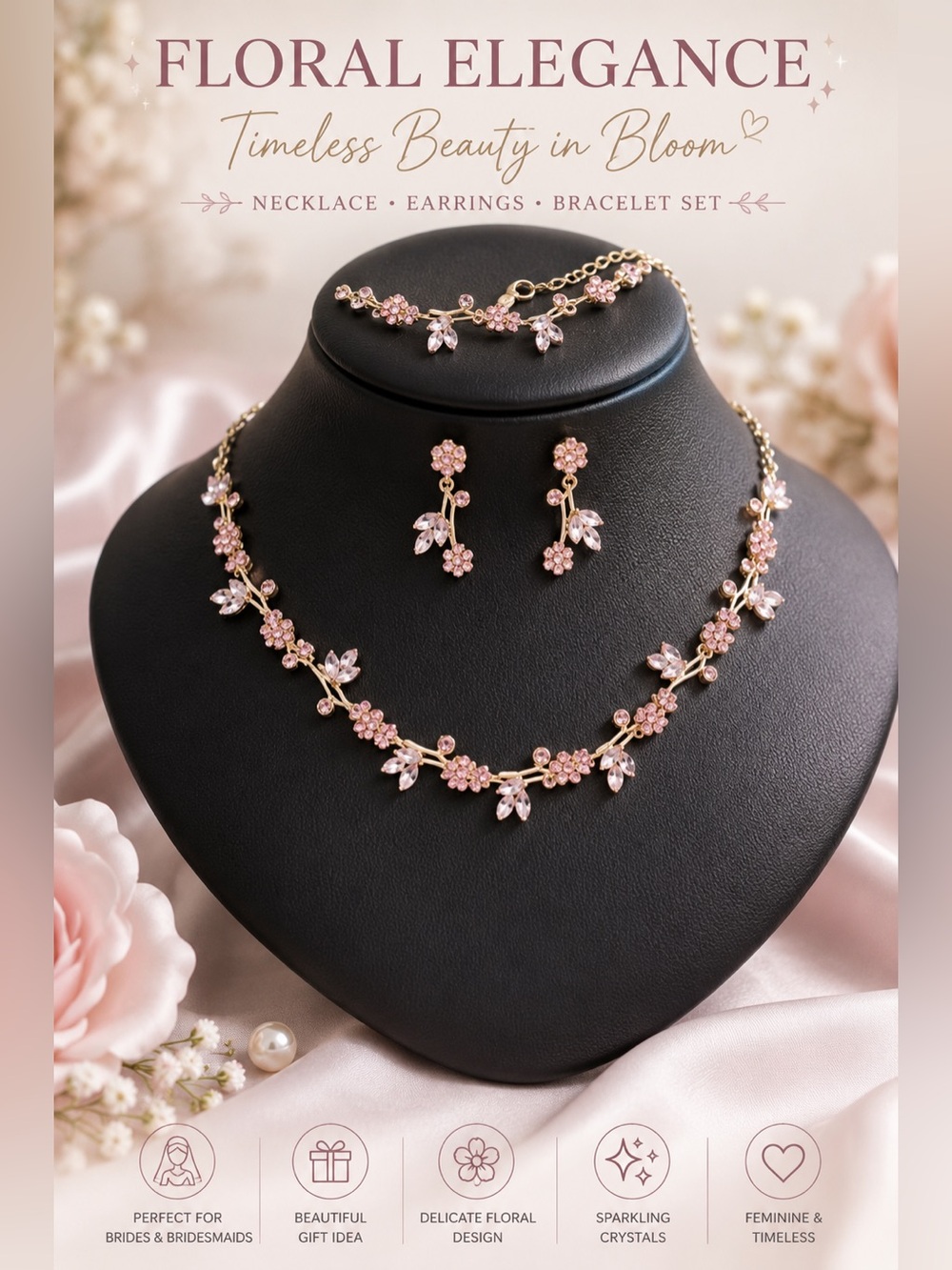 Pink Floral Crystal Jewelry Set | Necklace Bracelet Earrings | Coquette , Bridal